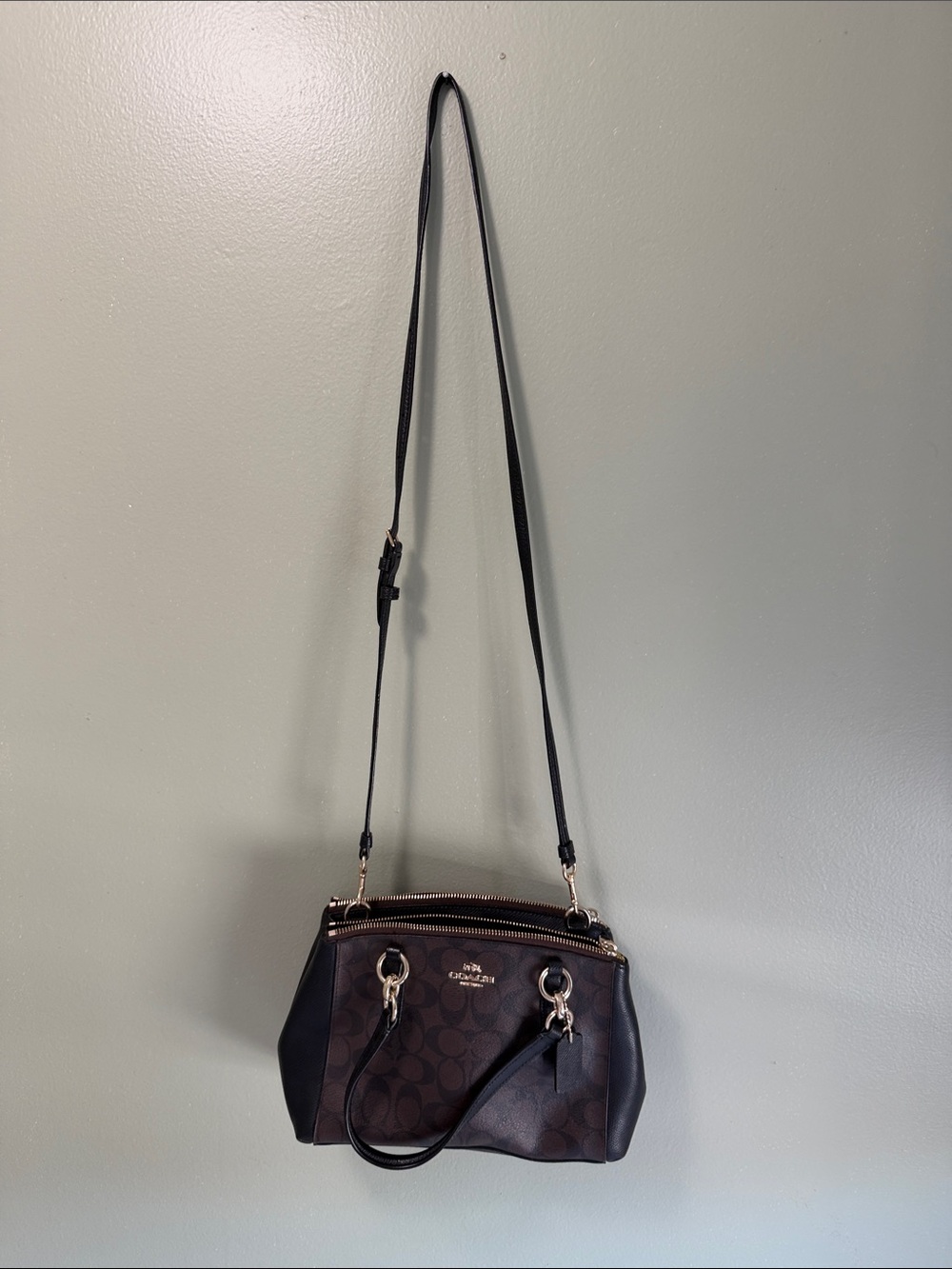 Coach Dark Brown Signature Crossbody Bag with Black Strap